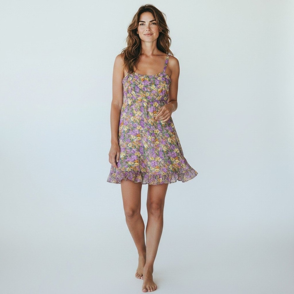 Altar'd State Dress S Purple Floral Mini Spaghetti Strap Ruffle Trim Skater